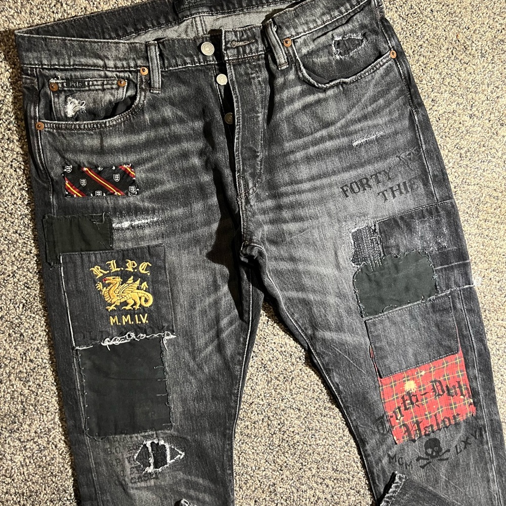Men's Polo Ralph Lauren Distressed Patchwork Jeans - Black/Gray
